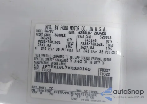 1997 Ford F-150 Lariat/Xl/Xlt from USA, damaged, VIN 1FTEX18L7VKD50145